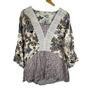 Kori America Womens Mixed Floral V Neck Lace Trim Bell Sleeve Top Lavender S